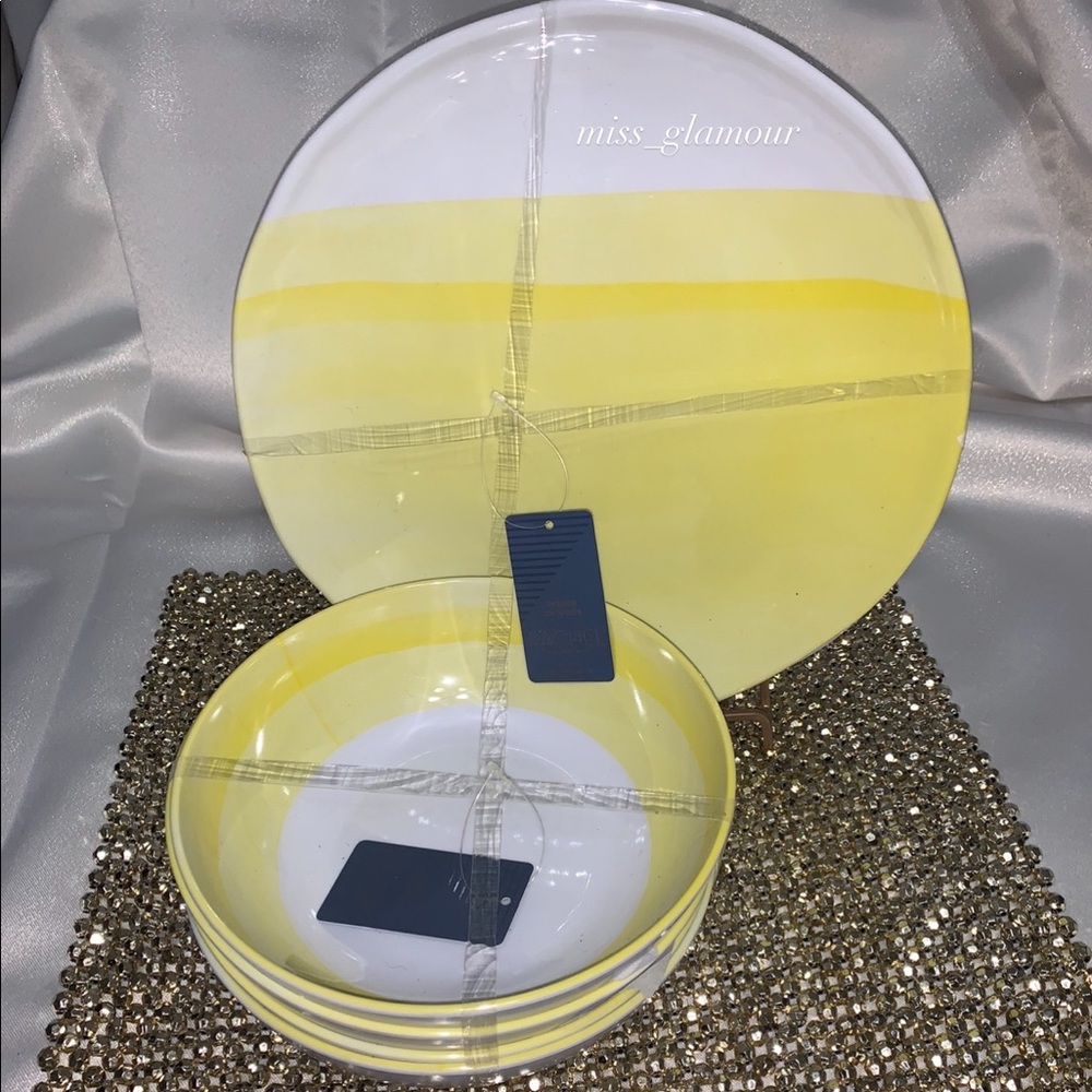 x8 Rachel Roy Melamine Yellow White Abstract ombré  Dinner Plate & Bowl Set